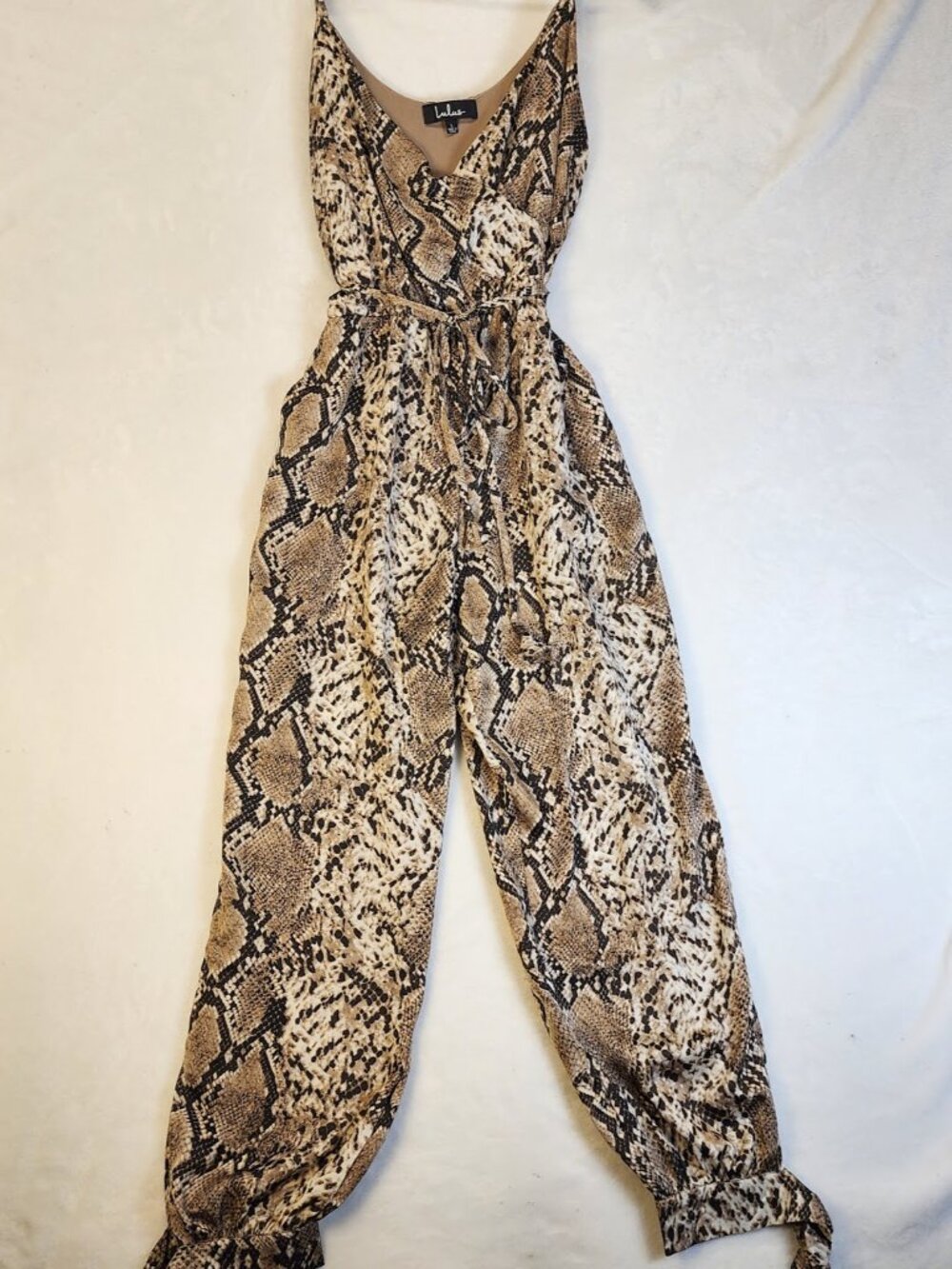 LULU'S SPAGHETTI STRAP SNAKE PRINT JUMPSUIT Satin Pockets